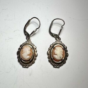 Antique 935 Sterling Silver Seashell Lady Cameo Pierced Earrings